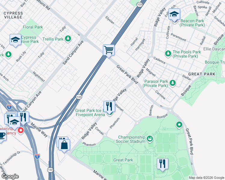 map of restaurants, bars, coffee shops, grocery stores, and more near 134 Briarberry in Irvine