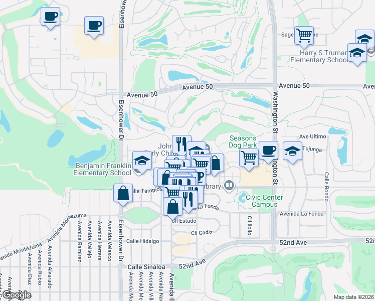map of restaurants, bars, coffee shops, grocery stores, and more near 50620 Santa Rosa Plaza in La Quinta