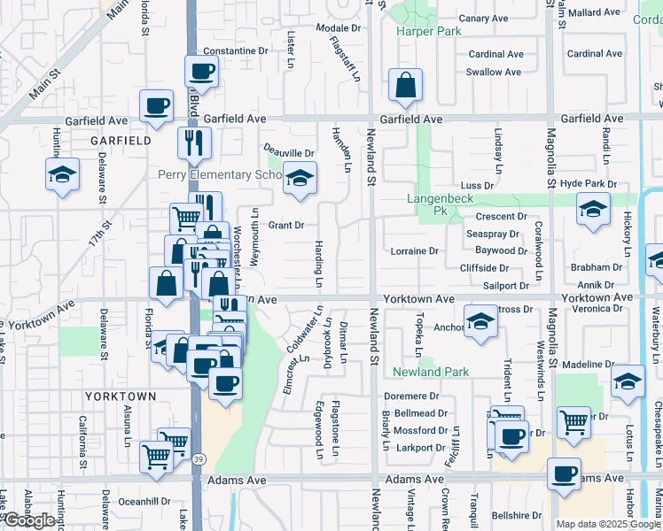 map of restaurants, bars, coffee shops, grocery stores, and more near 19392 Harding Lane in Huntington Beach