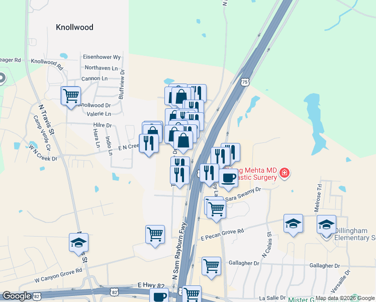 map of restaurants, bars, coffee shops, grocery stores, and more near 4030 U.S. 75 in Sherman