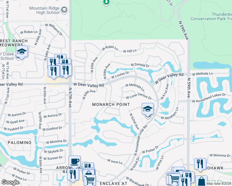 map of restaurants, bars, coffee shops, grocery stores, and more near 21341 North 64th Avenue in Glendale