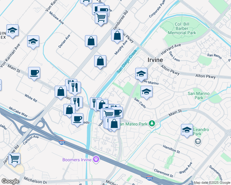 map of restaurants, bars, coffee shops, grocery stores, and more near 454 Veneto in Irvine