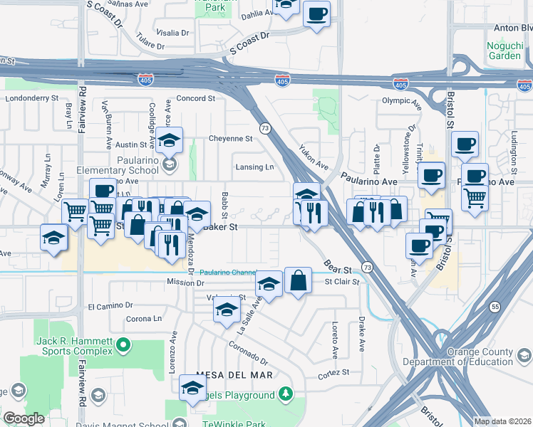 map of restaurants, bars, coffee shops, grocery stores, and more near 911 Powell Court in Costa Mesa