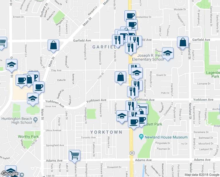 map of restaurants, bars, coffee shops, grocery stores, and more near 2625 Florida Street in Huntington Beach
