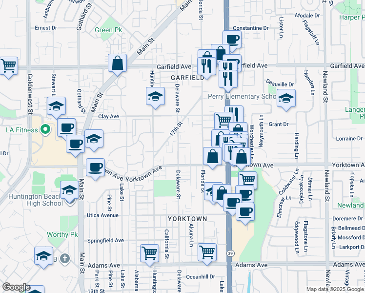 map of restaurants, bars, coffee shops, grocery stores, and more near 2628 Delaware Street in Huntington Beach