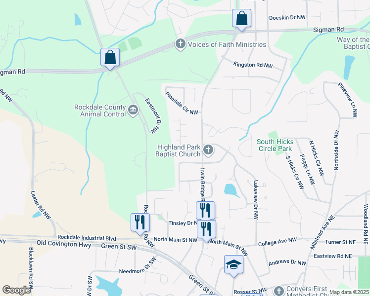 map of restaurants, bars, coffee shops, grocery stores, and more near 1202 Willow Creek Court Northwest in Conyers