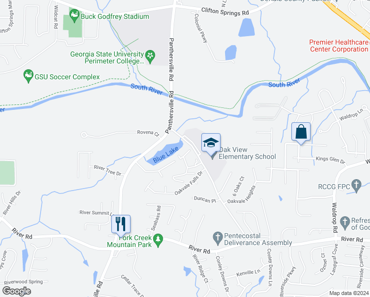 map of restaurants, bars, coffee shops, grocery stores, and more near 3550 Panthersville Road in Decatur