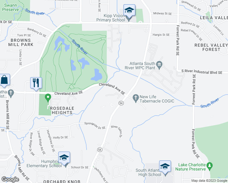 map of restaurants, bars, coffee shops, grocery stores, and more near 458 Burgundy Terrace Southeast in Atlanta