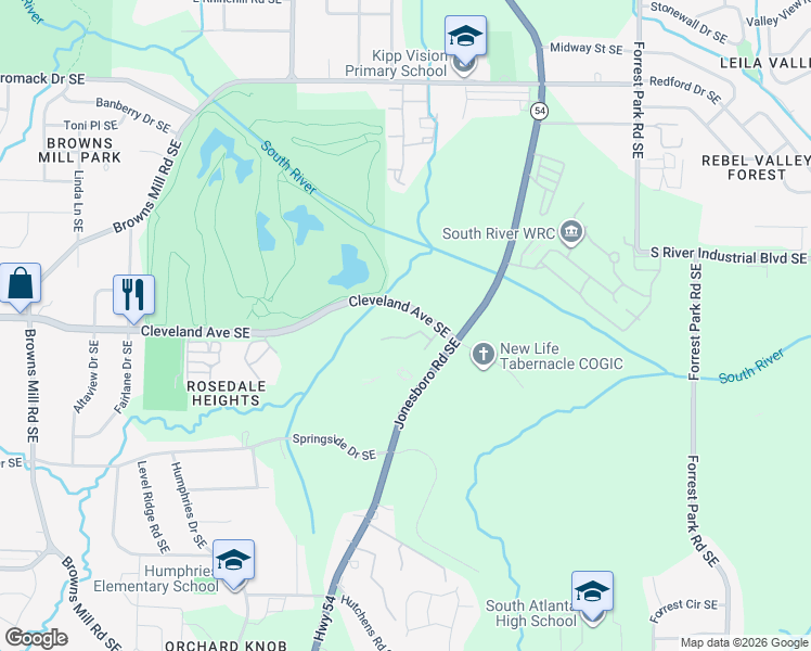 map of restaurants, bars, coffee shops, grocery stores, and more near 462 Burgundy Terrace Southeast in Atlanta