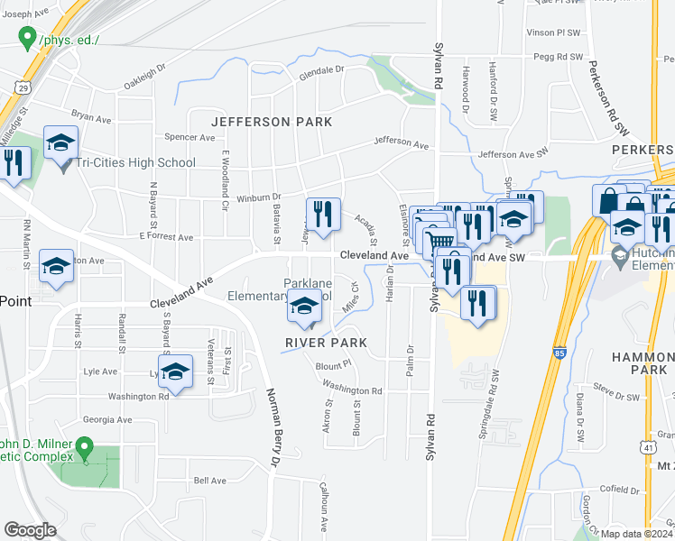 map of restaurants, bars, coffee shops, grocery stores, and more near 2726 Miles Circle in East Point