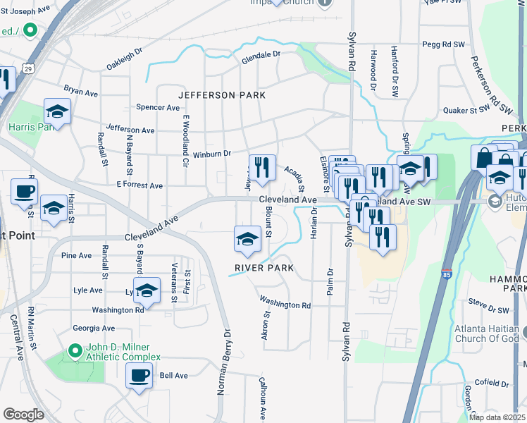 map of restaurants, bars, coffee shops, grocery stores, and more near 1065 Cleveland Avenue in East Point