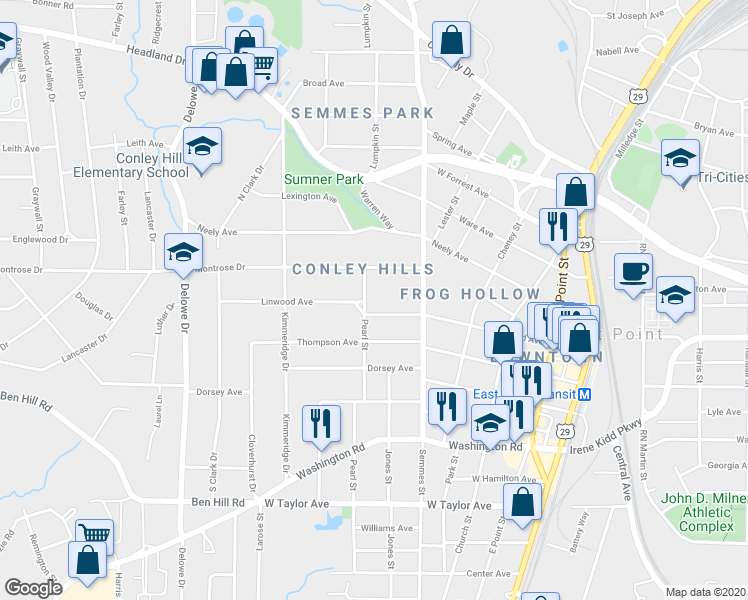 map of restaurants, bars, coffee shops, grocery stores, and more near 2726 Pearl Street in East Point
