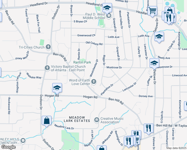 map of restaurants, bars, coffee shops, grocery stores, and more near 2738 Westchester Drive in East Point