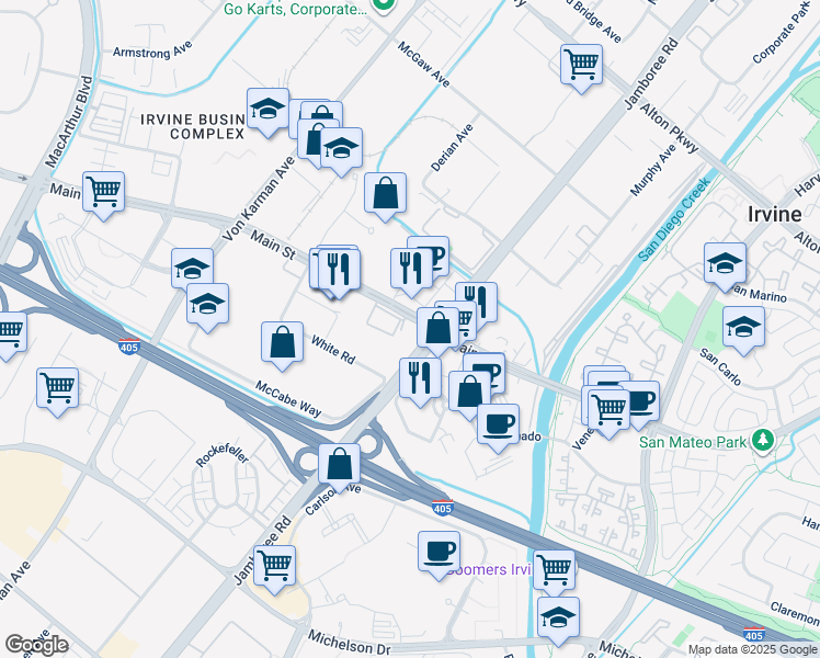 map of restaurants, bars, coffee shops, grocery stores, and more near 2700 Main Street in Irvine