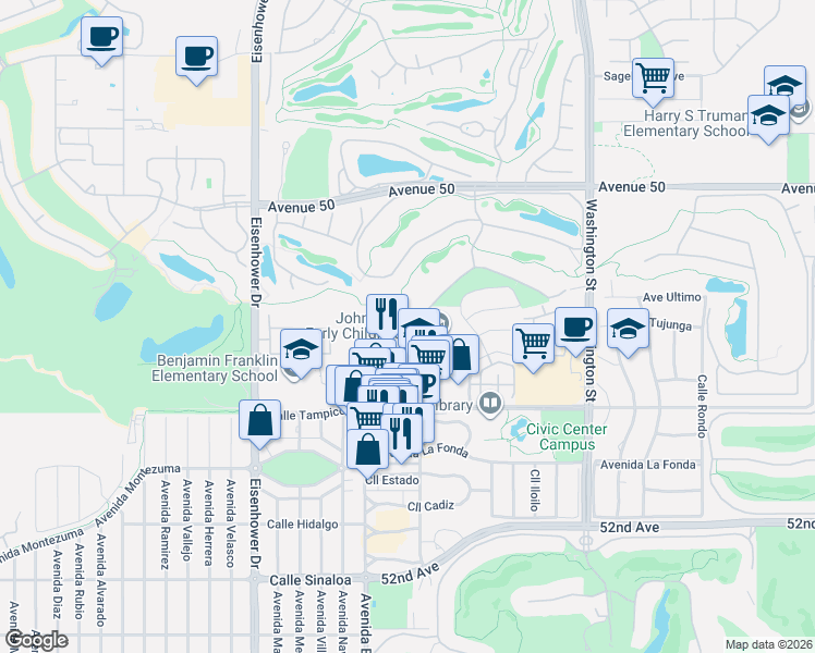 map of restaurants, bars, coffee shops, grocery stores, and more near 50600 Santa Rosa Plaza in La Quinta