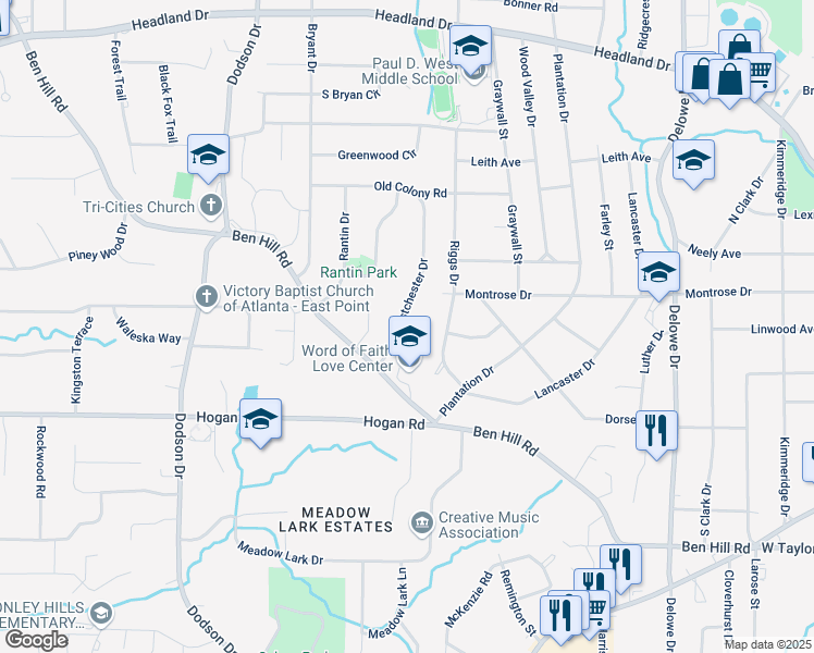 map of restaurants, bars, coffee shops, grocery stores, and more near 2738 Westchester Drive in East Point