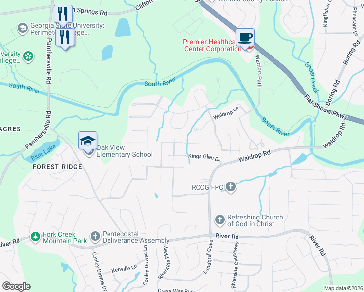 map of restaurants, bars, coffee shops, grocery stores, and more near 3135 Kings Glen Trail in Decatur