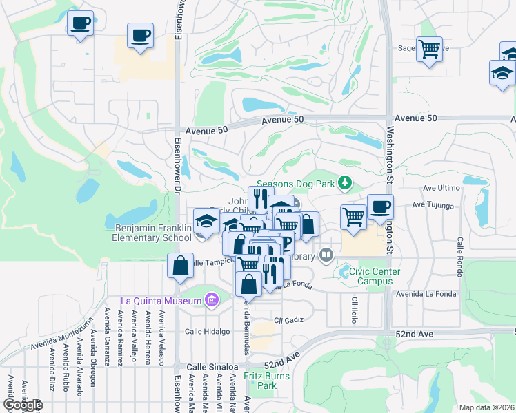 map of restaurants, bars, coffee shops, grocery stores, and more near 50670 Santa Rosa Plaza in La Quinta