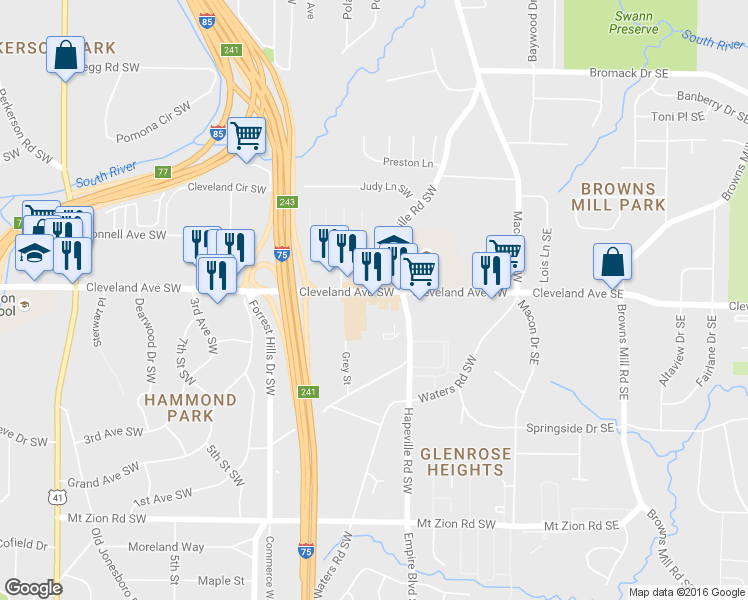 map of restaurants, bars, coffee shops, grocery stores, and more near 170 Cleveland Avenue Southwest in Atlanta