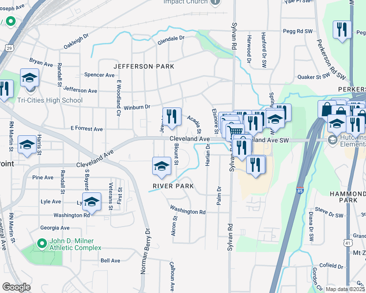 map of restaurants, bars, coffee shops, grocery stores, and more near 2726 Miles Circle in East Point