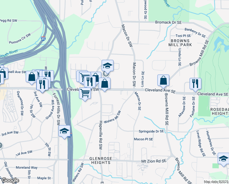 map of restaurants, bars, coffee shops, grocery stores, and more near 88 Cleveland Avenue Southwest in Atlanta