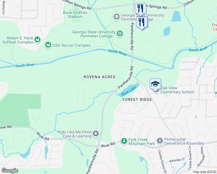 map of restaurants, bars, coffee shops, grocery stores, and more near 3619 Panthersville Road in Decatur