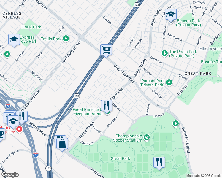 map of restaurants, bars, coffee shops, grocery stores, and more near 134 Briarberry in Irvine