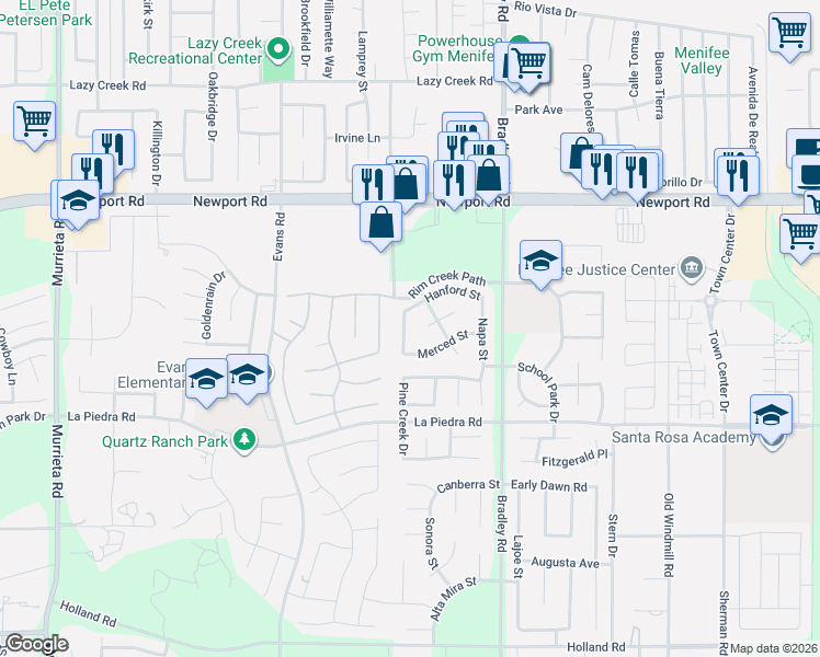 map of restaurants, bars, coffee shops, grocery stores, and more near 26814 Madera Court in Menifee
