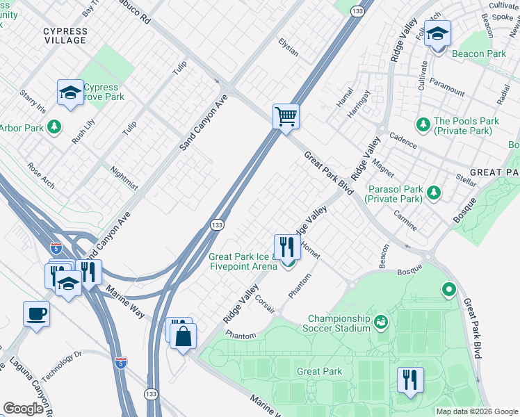 map of restaurants, bars, coffee shops, grocery stores, and more near 133 Augustine in Irvine