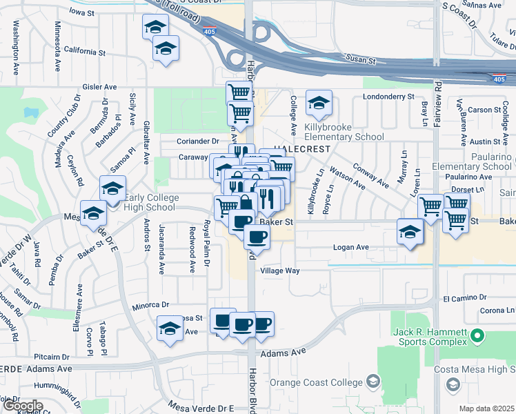 map of restaurants, bars, coffee shops, grocery stores, and more near 3011 Harbor Boulevard in Costa Mesa