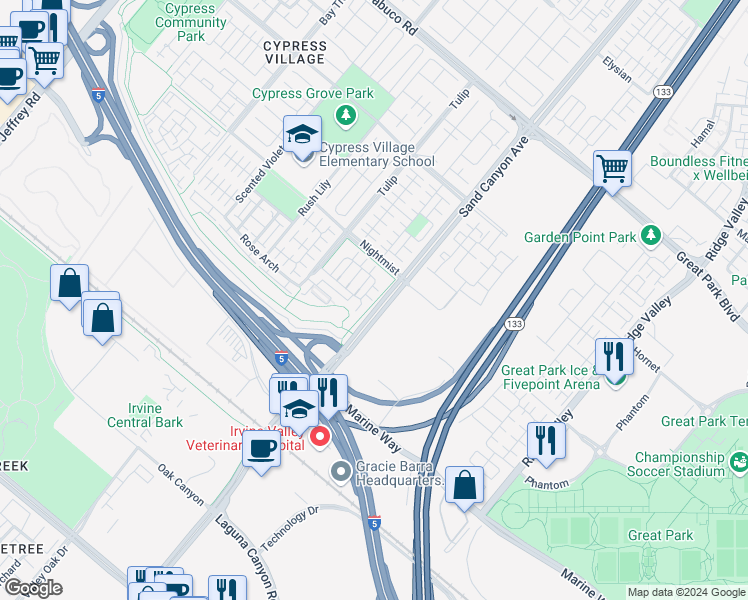 map of restaurants, bars, coffee shops, grocery stores, and more near 64 Bronze Leaf in Irvine