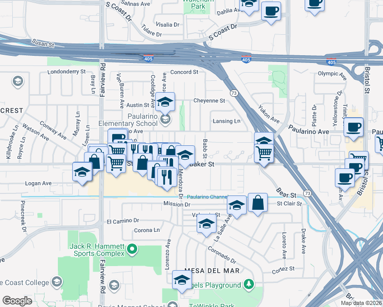 map of restaurants, bars, coffee shops, grocery stores, and more near 3013 Harding Way in Costa Mesa