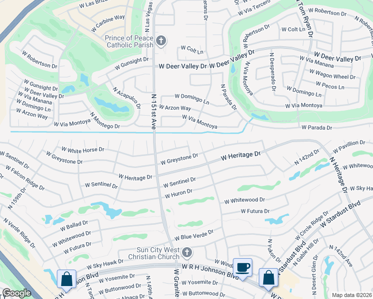 map of restaurants, bars, coffee shops, grocery stores, and more near 14805 West White Horse Drive in Sun City West