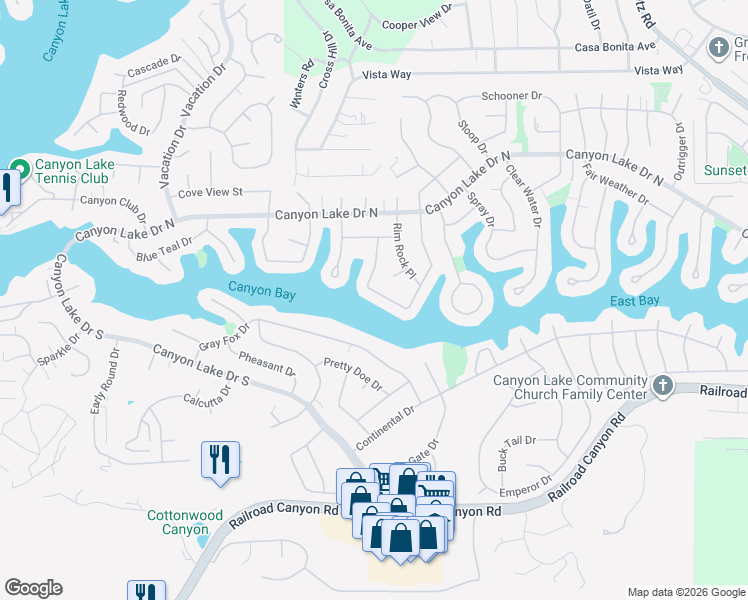 map of restaurants, bars, coffee shops, grocery stores, and more near 30355 Channel Way Drive in Canyon Lake