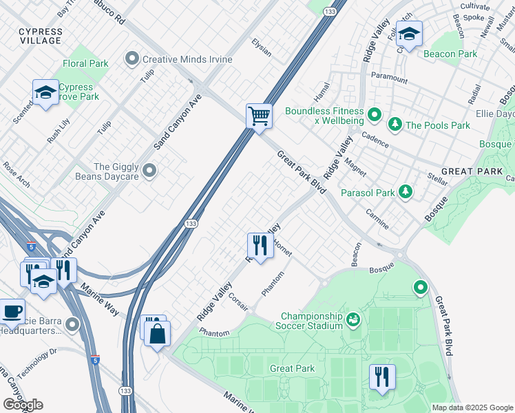 map of restaurants, bars, coffee shops, grocery stores, and more near 346 Floral View in Irvine