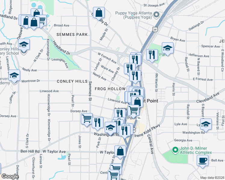 map of restaurants, bars, coffee shops, grocery stores, and more near 1701 West Cleveland Avenue in Atlanta