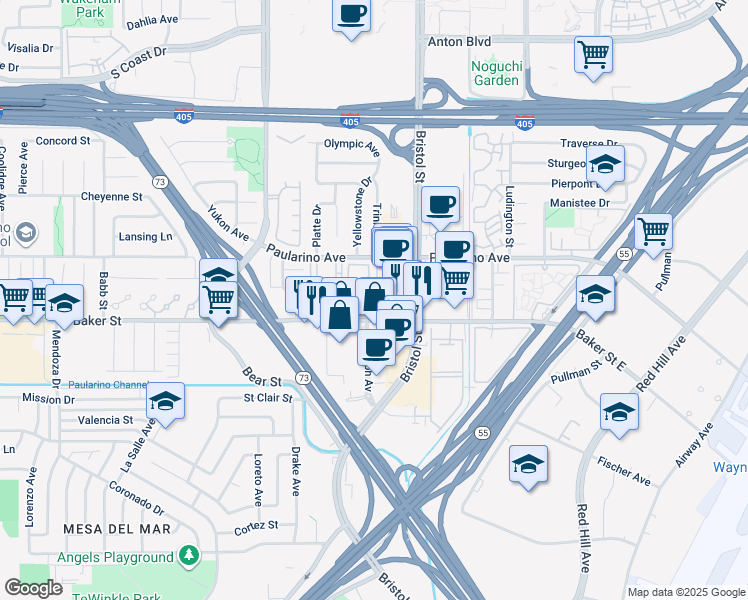 map of restaurants, bars, coffee shops, grocery stores, and more near 3021 Croyden Bay in Costa Mesa