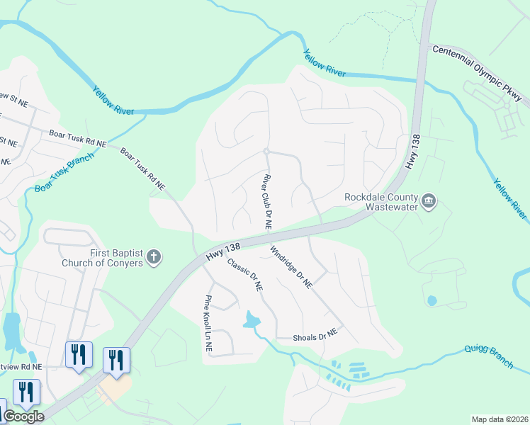 map of restaurants, bars, coffee shops, grocery stores, and more near 1308 River Club Drive Northeast in Conyers