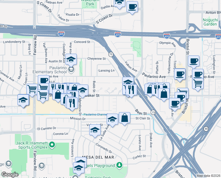 map of restaurants, bars, coffee shops, grocery stores, and more near 905 Powell Court in Costa Mesa