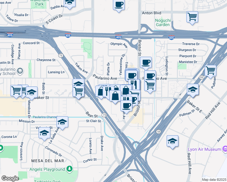 map of restaurants, bars, coffee shops, grocery stores, and more near in Costa Mesa