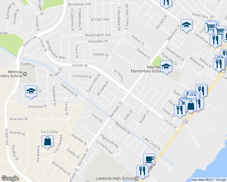 map of restaurants, bars, coffee shops, grocery stores, and more near 15068 Christina Court in Lake Elsinore