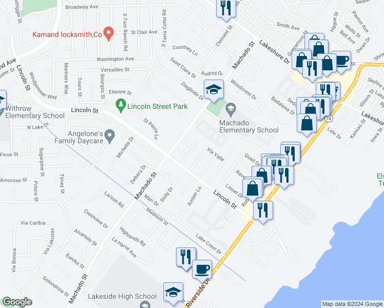 map of restaurants, bars, coffee shops, grocery stores, and more near 3680 Colonial Circle in Lake Elsinore