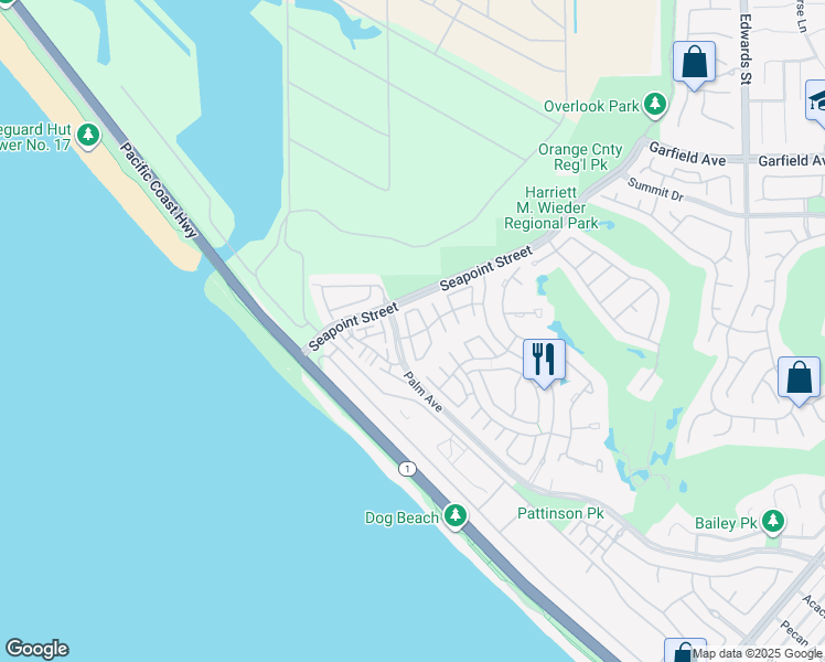 map of restaurants, bars, coffee shops, grocery stores, and more near 19322 Archfield Lane in Huntington Beach