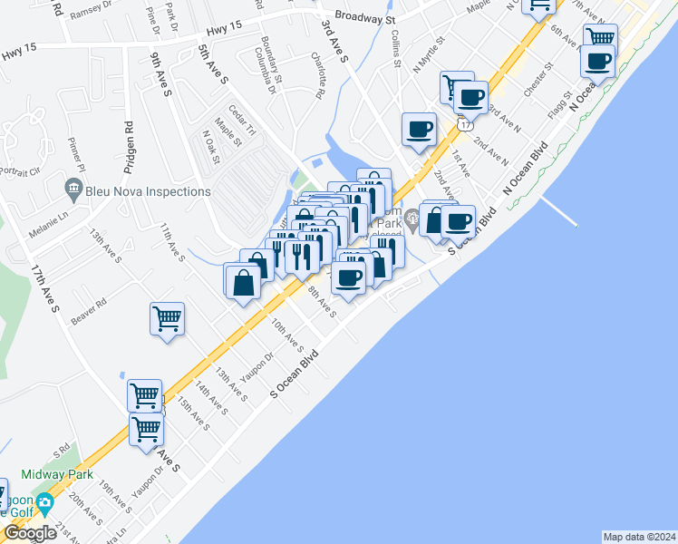 map of restaurants, bars, coffee shops, grocery stores, and more near 680 Mitchell Drive in Myrtle Beach
