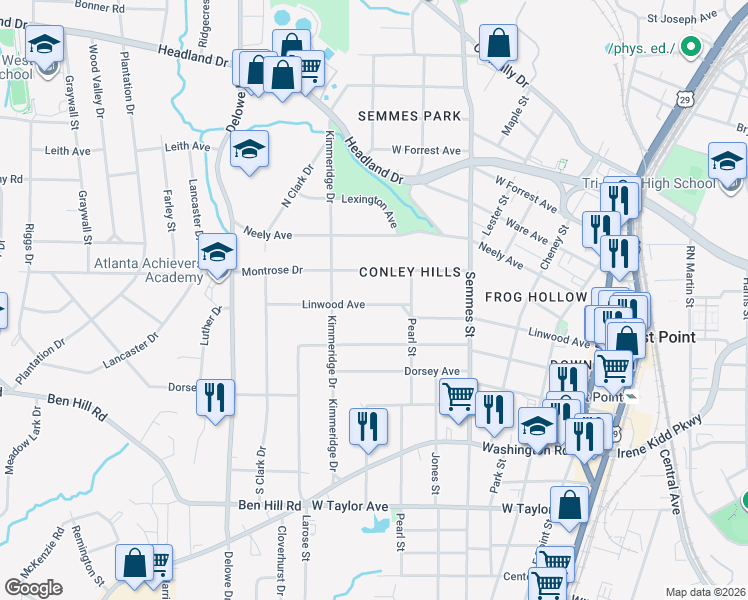 map of restaurants, bars, coffee shops, grocery stores, and more near 1923 Linwood Avenue in East Point