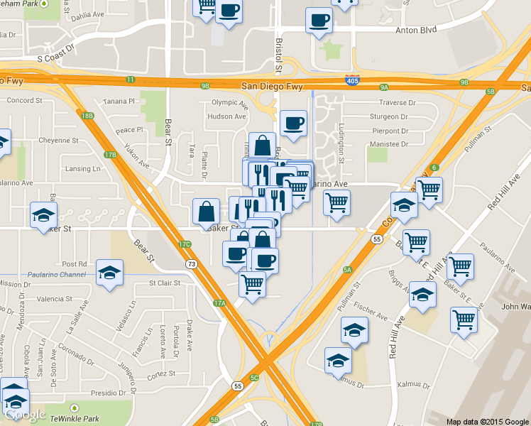 map of restaurants, bars, coffee shops, grocery stores, and more near 3015 Bristol St in Costa Mesa