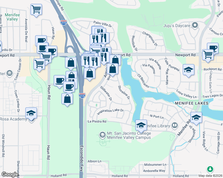 map of restaurants, bars, coffee shops, grocery stores, and more near 28241 Windsail Court in Menifee