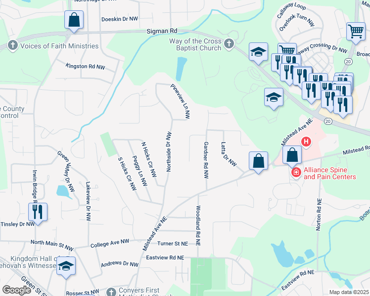 map of restaurants, bars, coffee shops, grocery stores, and more near 1430 Honeysuckle Drive Northwest in Conyers