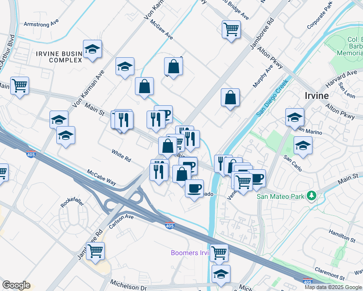 map of restaurants, bars, coffee shops, grocery stores, and more near 2801 Main Street in Irvine