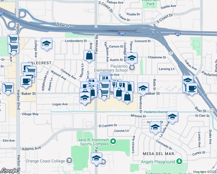 map of restaurants, bars, coffee shops, grocery stores, and more near 3013 Buchanan Way in Costa Mesa